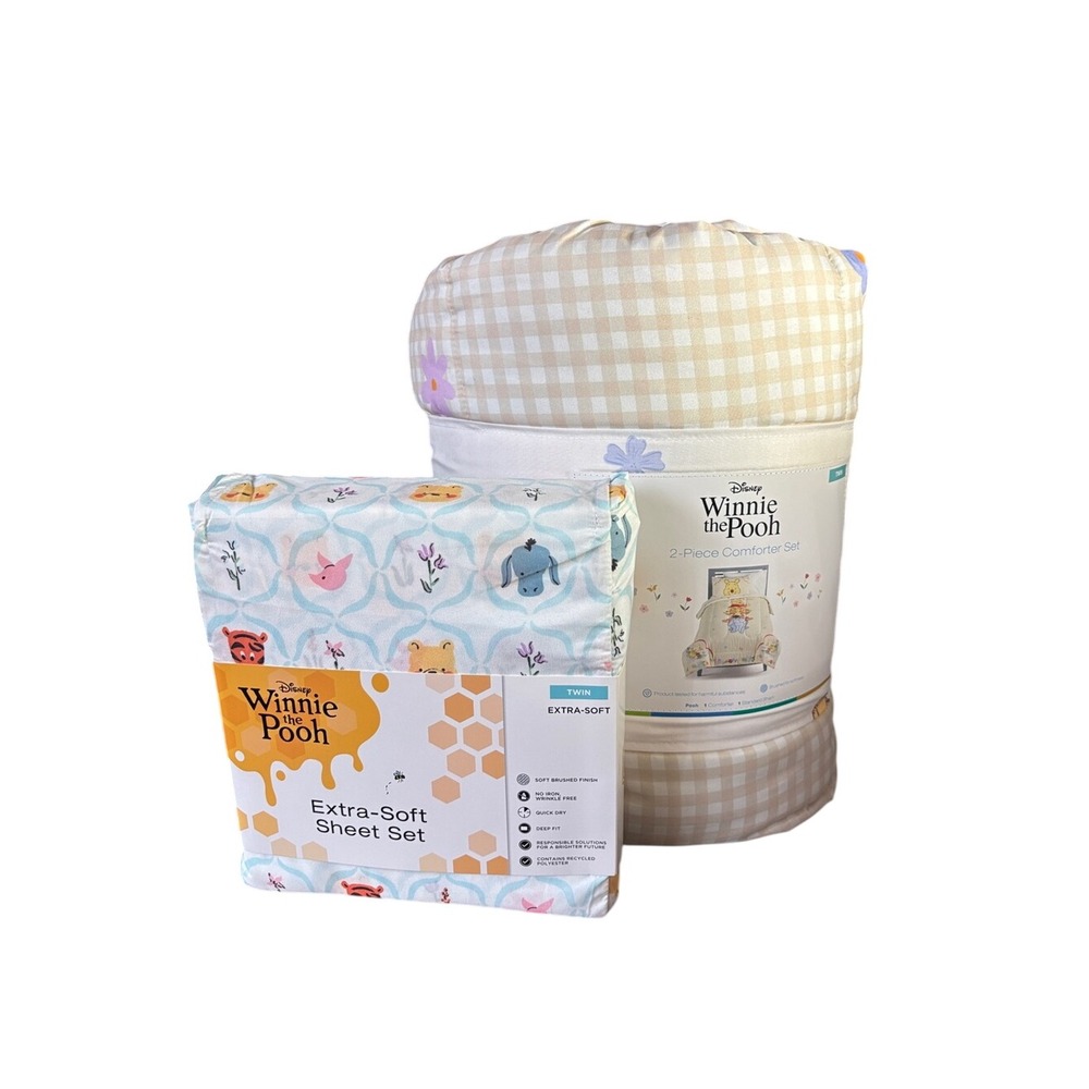 Disney Winnie The Pooh SZ Twin 2 Piece Reversible Comforter Set & Sheet Set NEW
